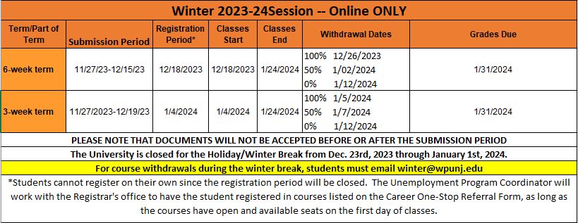 Winter 2023-2024 UE calendar